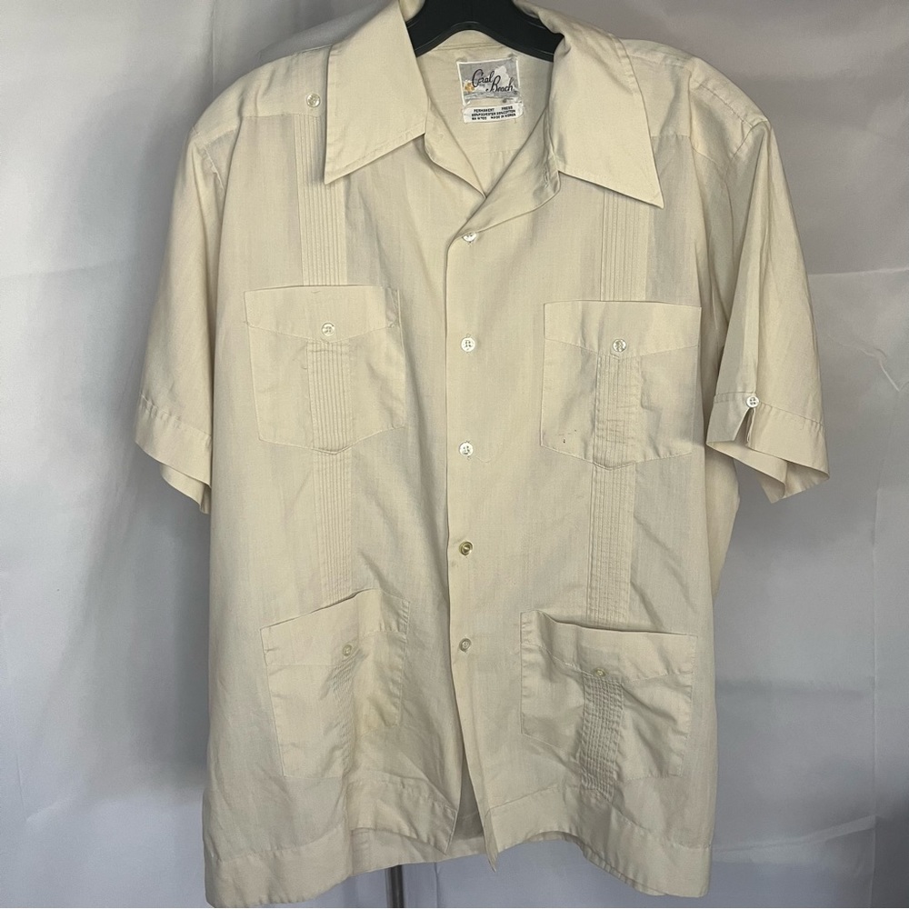 Coral Beach Vintage Men’s Classic Guayabera Cream with‎ Cream/Light Tan Large